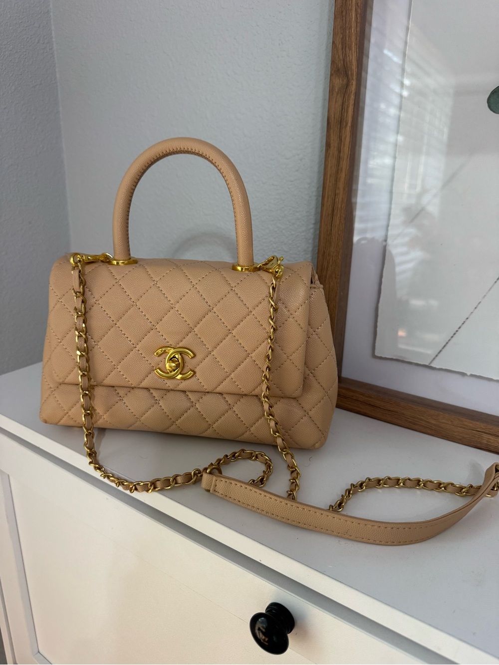 CHANEL Beige Quilted Top Handle Satchel with Gold Chain